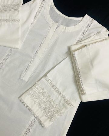 Sf 375 - White Lace Work lawn 2 Pc Stitched Suit