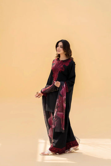 SF-394 Embroidered Black Linen Lawan Mix Three Piece Dress